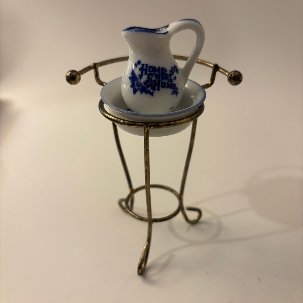 VTG Dollhouse Miniature Porcelain Wash Stand Set Pitcher Basin Metal Rack 1:12